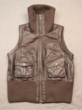 Harley-Davidson Women’s Brown Genuine Leather Utility Vest Ribbed Funnel Neck L